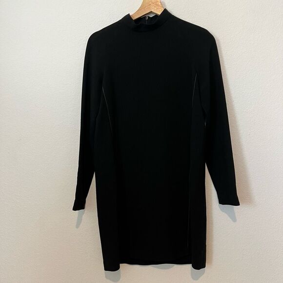 Veda Black Leather Trimmed Mock Neck Long Sleeve Mini Dress Women's Size Small - Picture 1 of 5